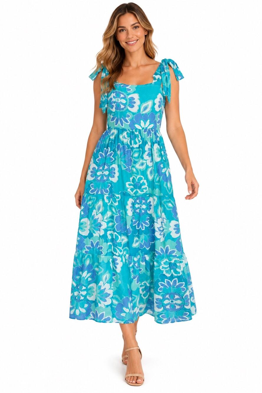 Jude Connally Floral Tiered Midi Dress XL Blue Turquoise Tie Shoulder Cotton